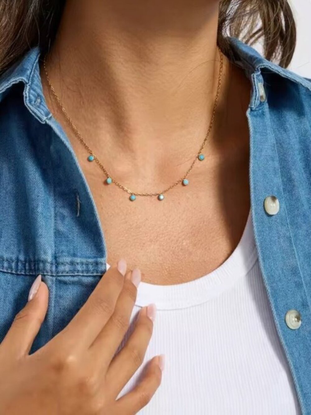 Turquoise Drops Necklace Gold Bezel Necklace WATERPROOF Gold Chain Station - Picture 9 of 9